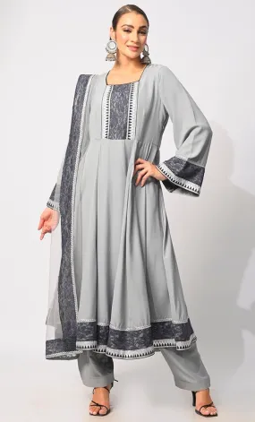 3 Pc Grey Anarkali Set with Intricate Foil Print and Lace Detailing - Final Sale