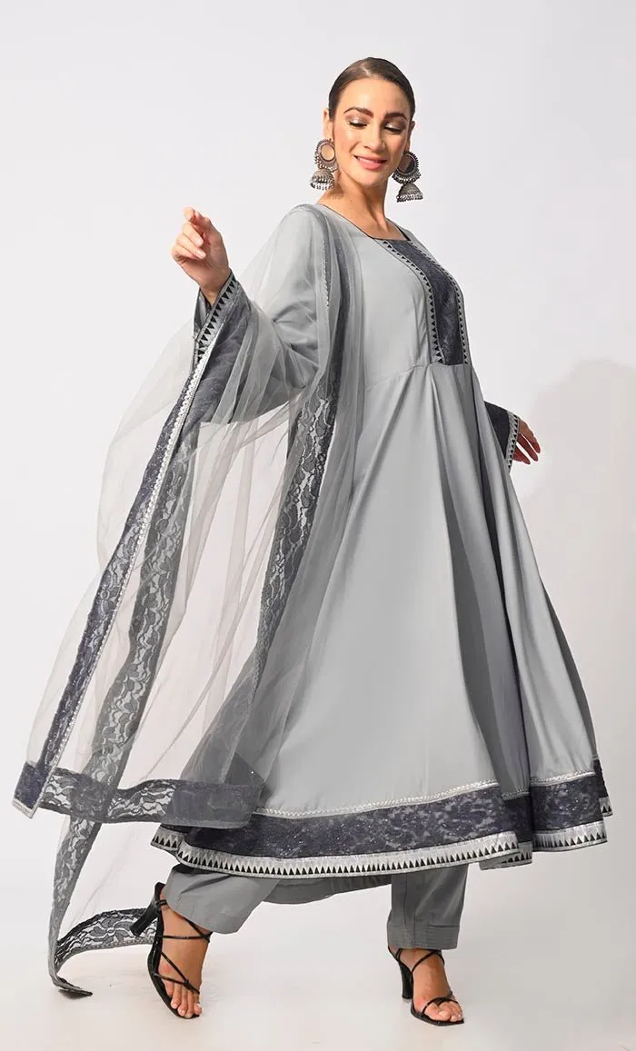 3 Pc Grey Anarkali Set with Intricate Foil Print and Lace Detailing - Final Sale