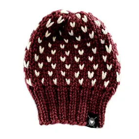 (30% Off) Beanie - Slouchy Blended Fiber Pomless in Pale Hearts on Claret by Nickichicki