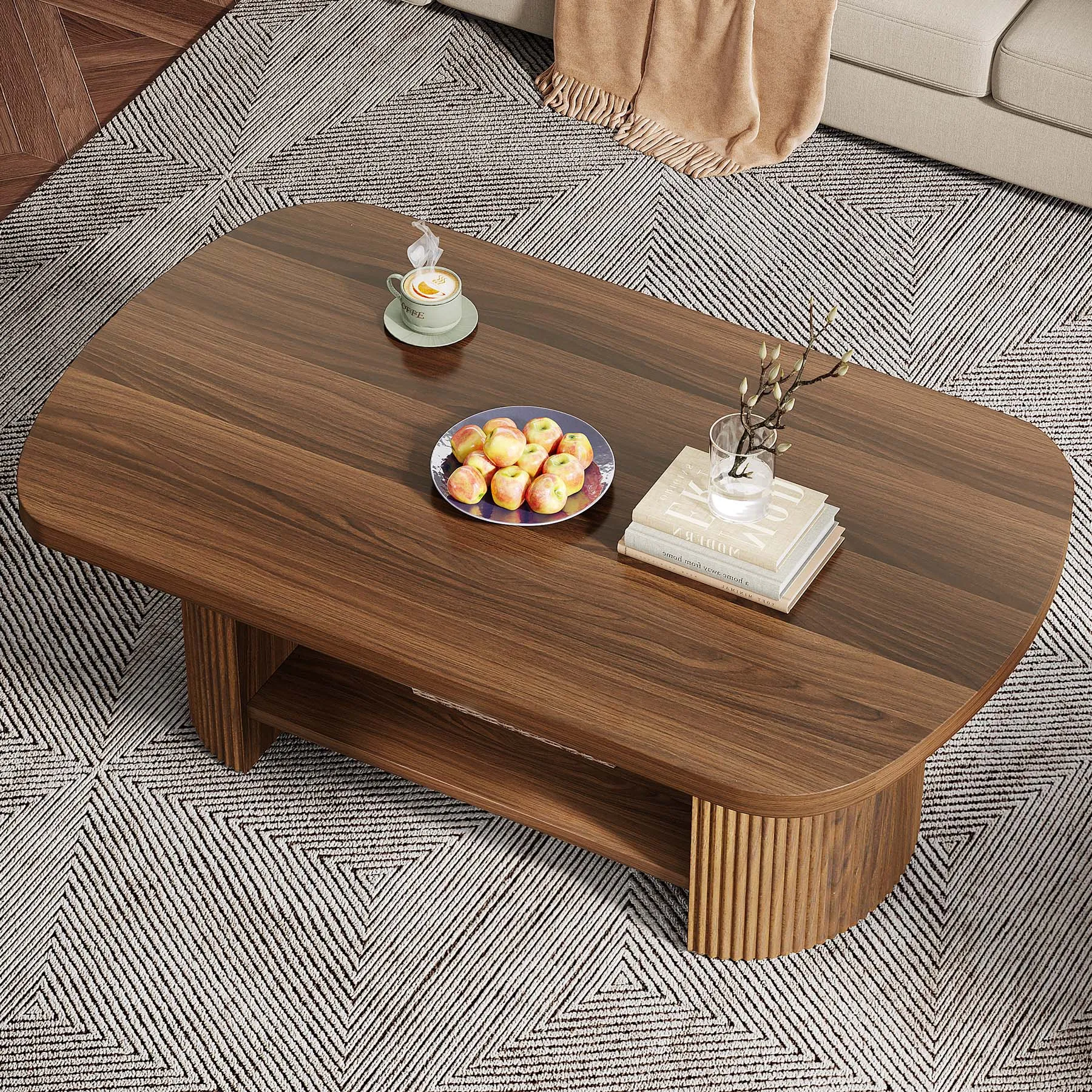 45" Coffee Table, Modern Oval 2-Tier Center Table With Storage