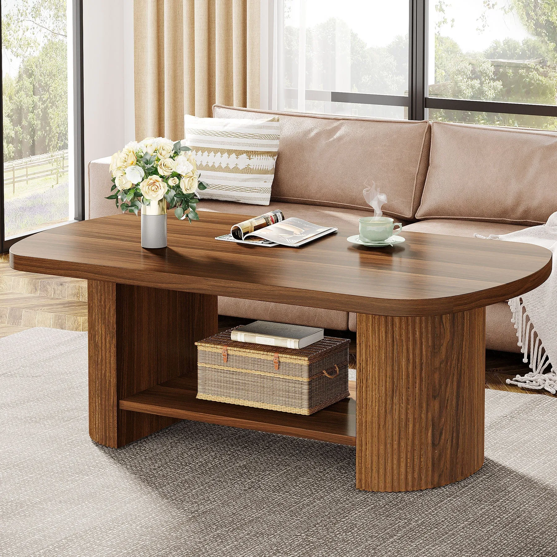 45" Coffee Table, Modern Oval 2-Tier Center Table With Storage