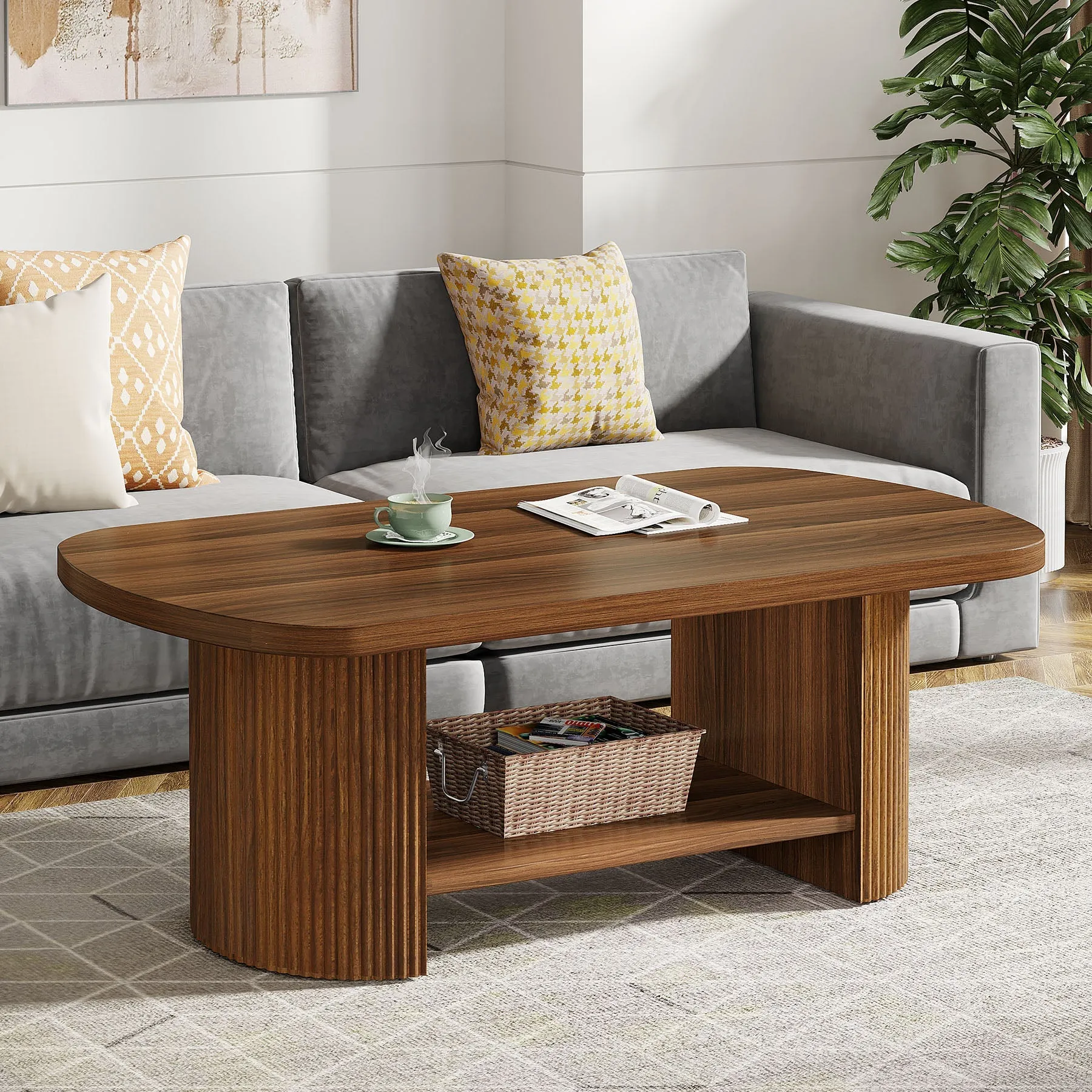 45" Coffee Table, Modern Oval 2-Tier Center Table With Storage