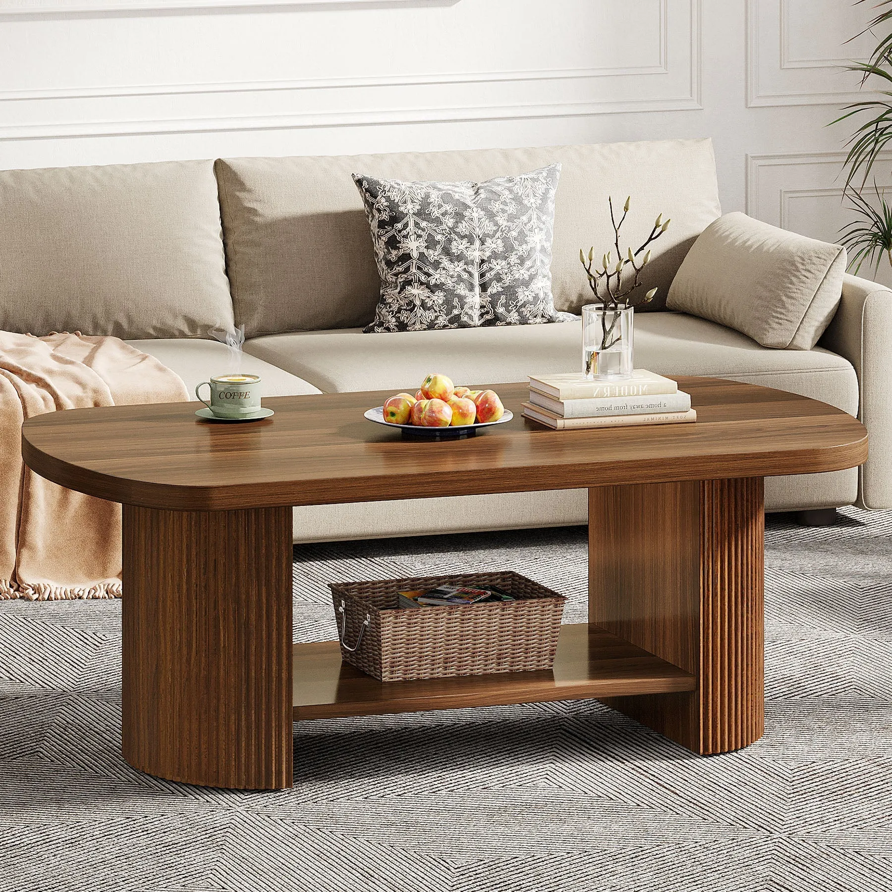 45" Coffee Table, Modern Oval 2-Tier Center Table With Storage