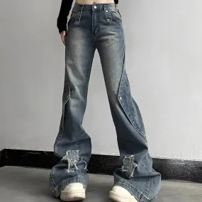 Aiertu Y2K Harajuku Wide Leg High Waist Flared Jeans Slim Ripped Pants Winter Women's Vintage Streetwear Style Denim Trouser