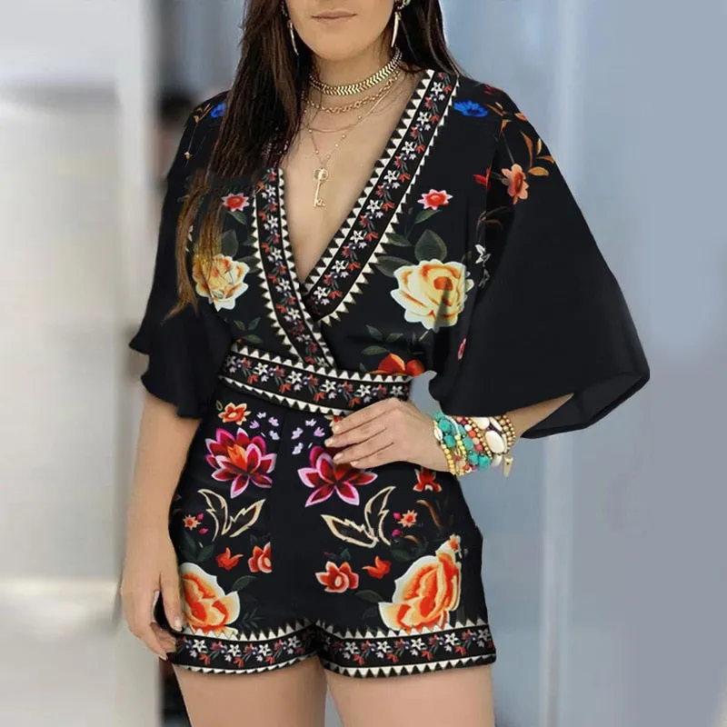 Amozae-- Hirigin Women's Jumpsuit Casual Summer Floral Printed Playsuit 2024 Women Rompers 3/4 Sleeve Backless Playsuit Women Clothes