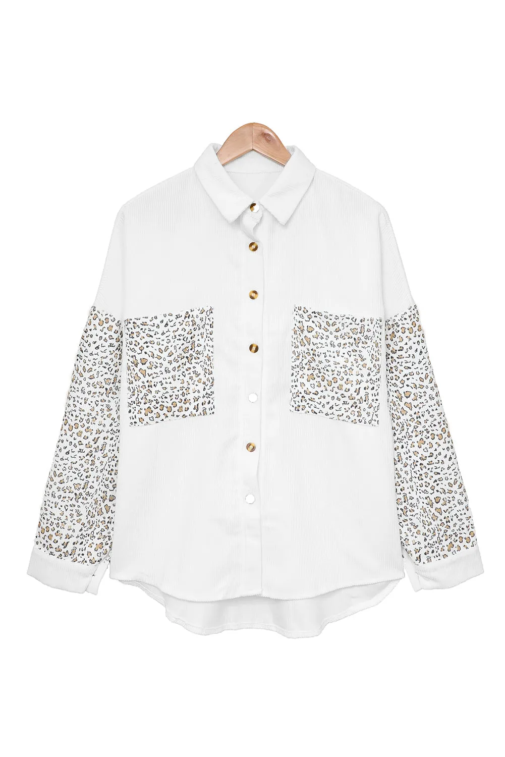 Apricot Leopard Patchwork Corduroy Buttoned Shirt Jacket