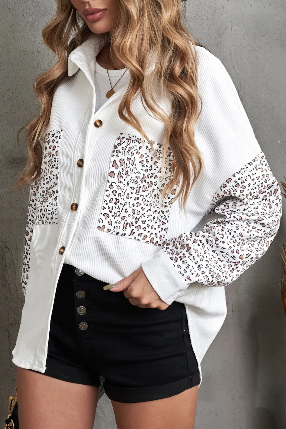 Apricot Leopard Patchwork Corduroy Buttoned Shirt Jacket