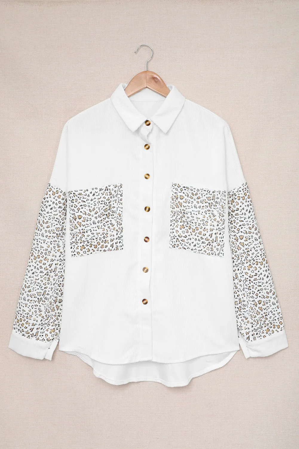 Apricot Leopard Patchwork Corduroy Buttoned Shirt Jacket