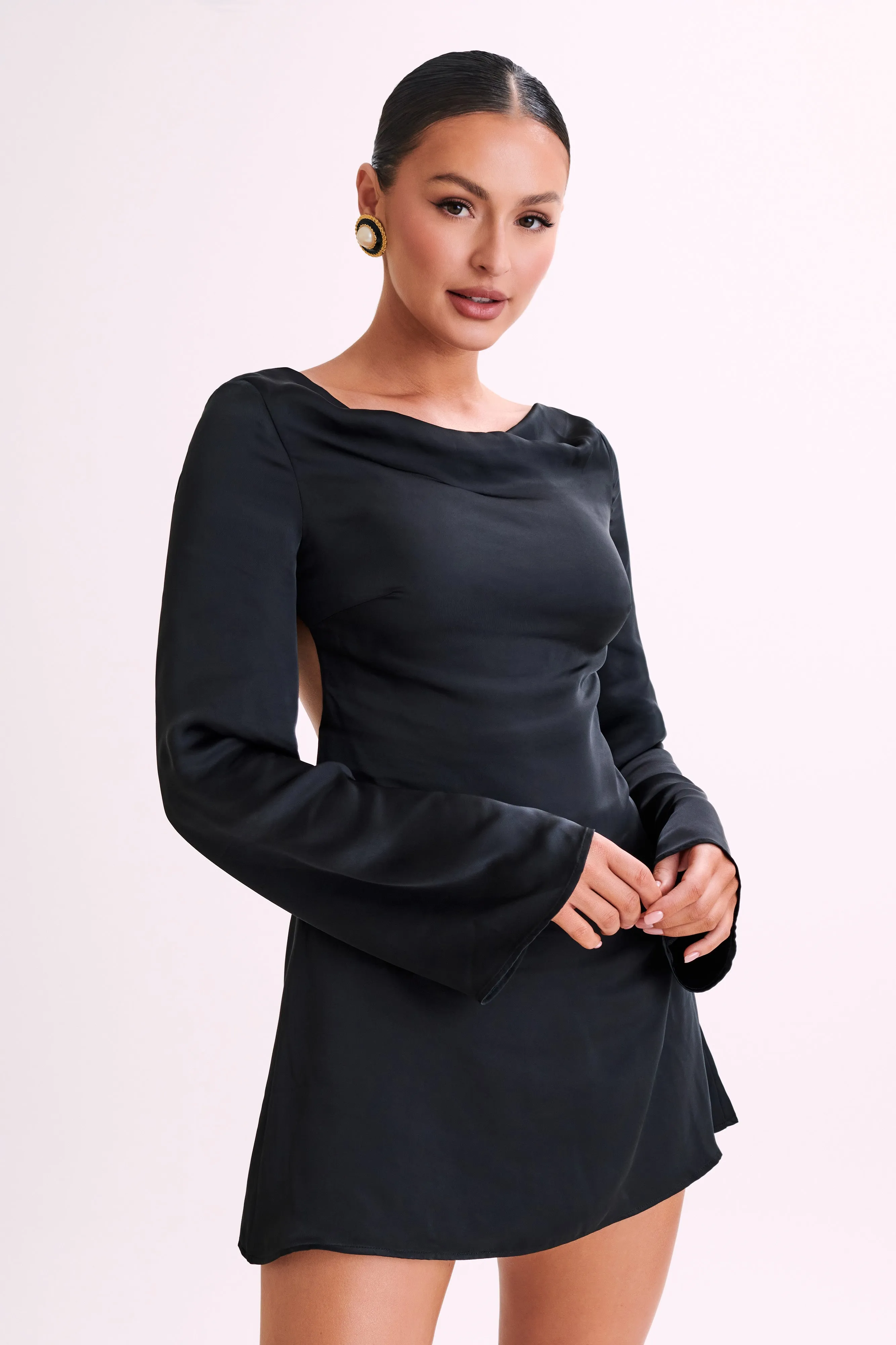 Ariana Satin Mini Dress With Cowl - Black