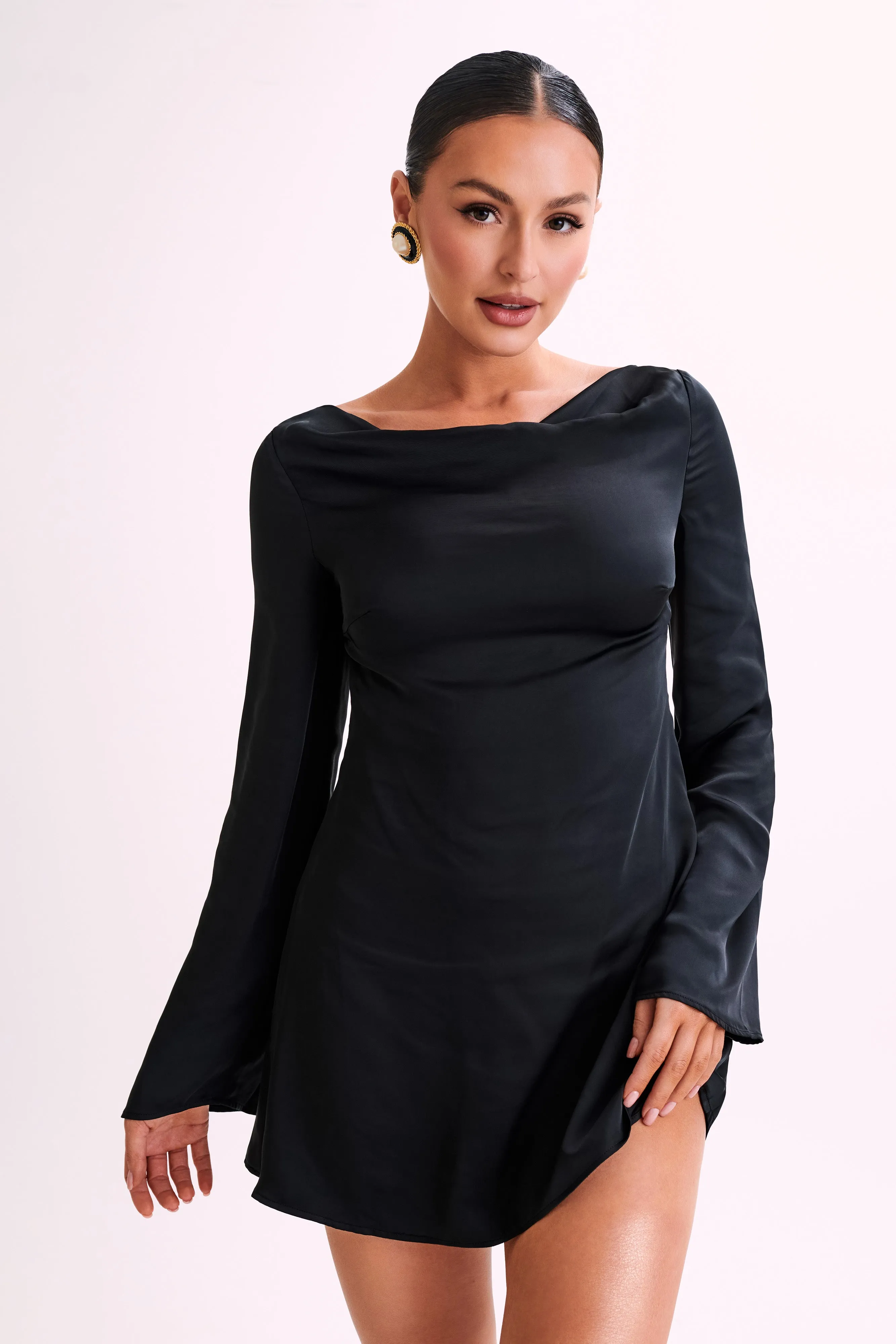 Ariana Satin Mini Dress With Cowl - Black