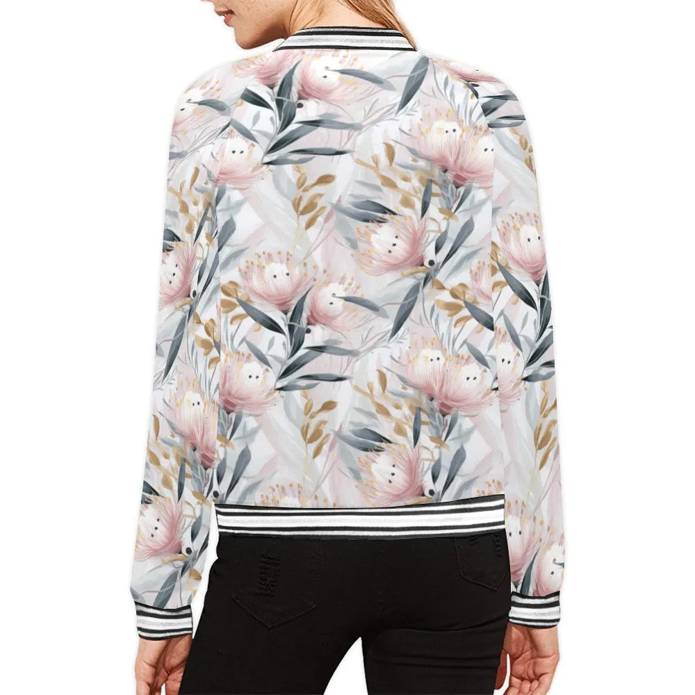 Australian Floral Pink & Grey Bomber Jacket for Women