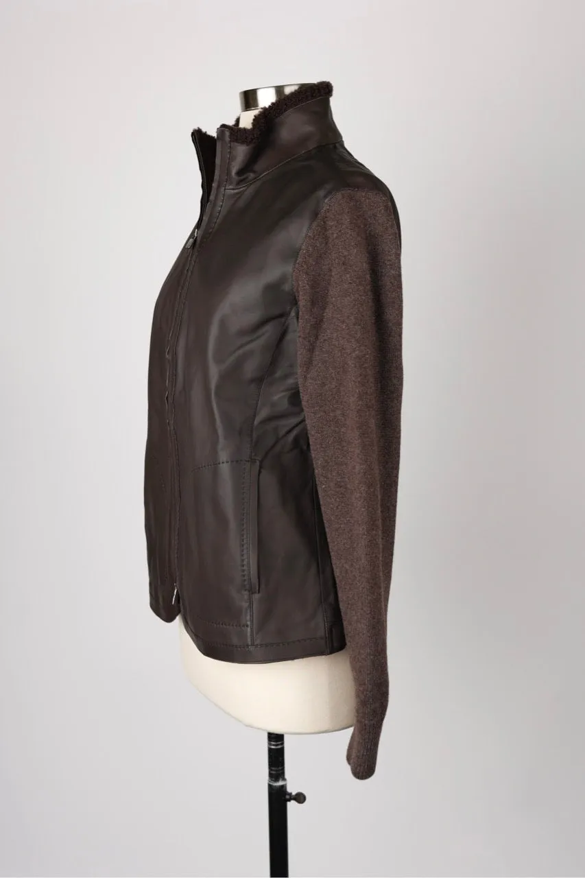 Baby Cashmere / Leather Shearling Collar Sweater Jacket