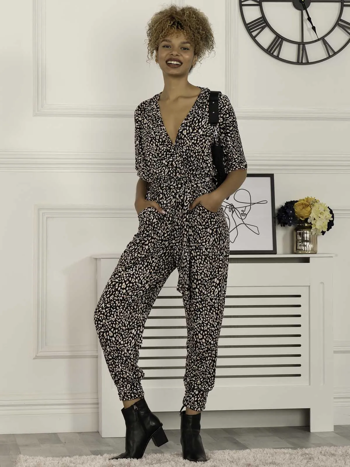 Bea Wrap Front Jumpsuit, Black Animal