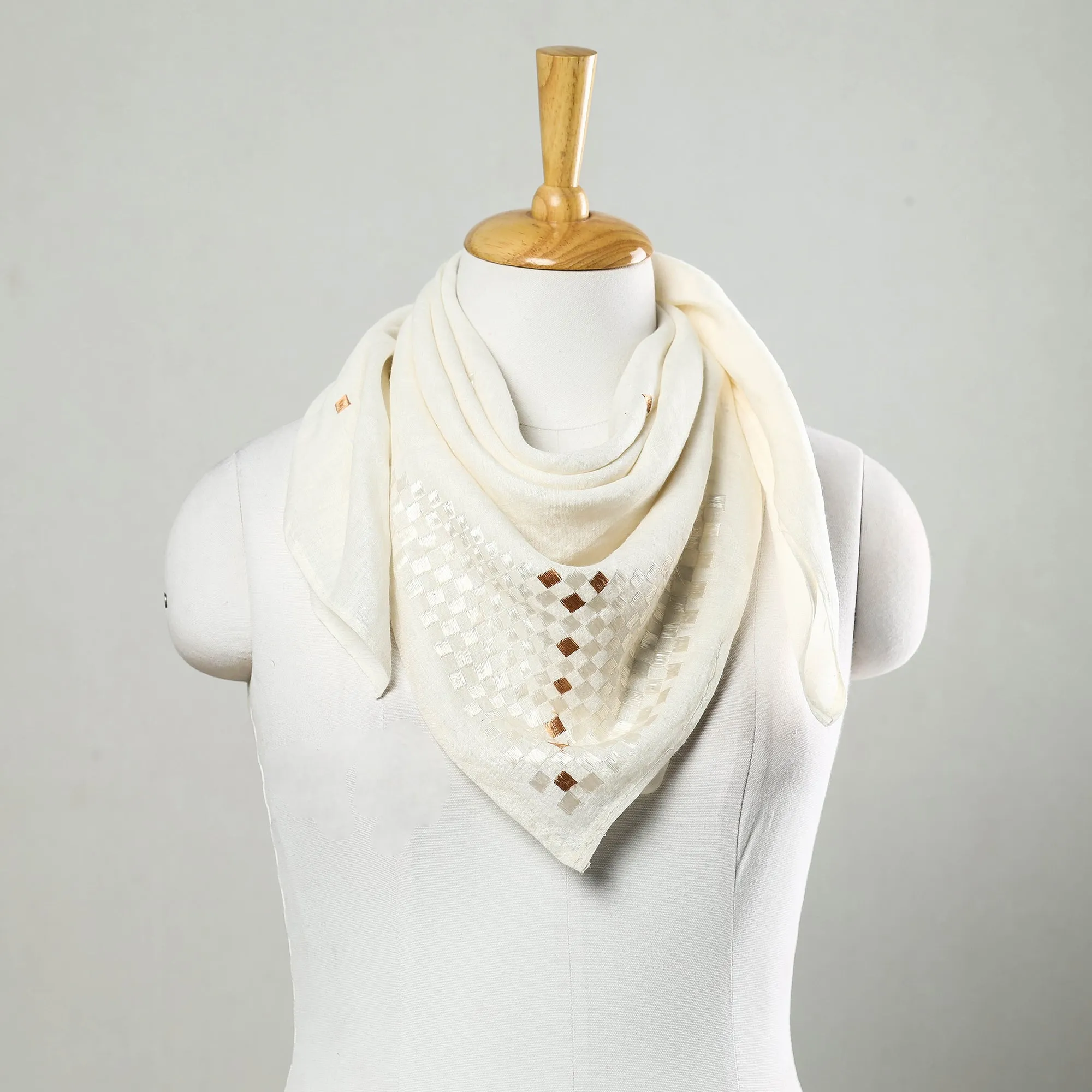 Beige - Phulkari Hand Embroidery Linen Handloom Scarf