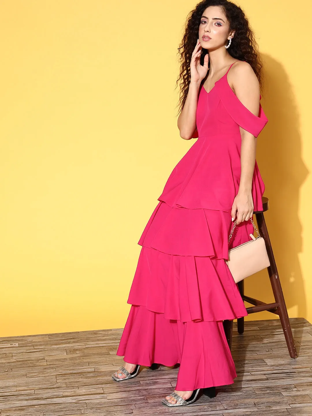 Berrylush Women Solid Pink V-Neck Cold-Shoulder Flounce Hem Layered A-Line Maxi Dress