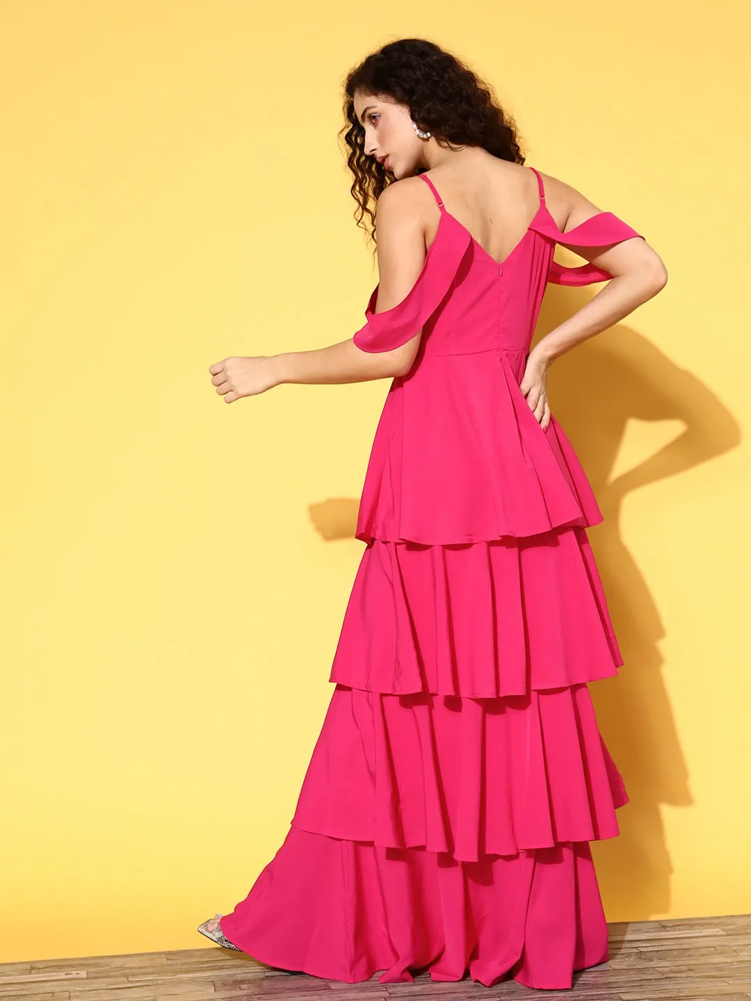 Berrylush Women Solid Pink V-Neck Cold-Shoulder Flounce Hem Layered A-Line Maxi Dress