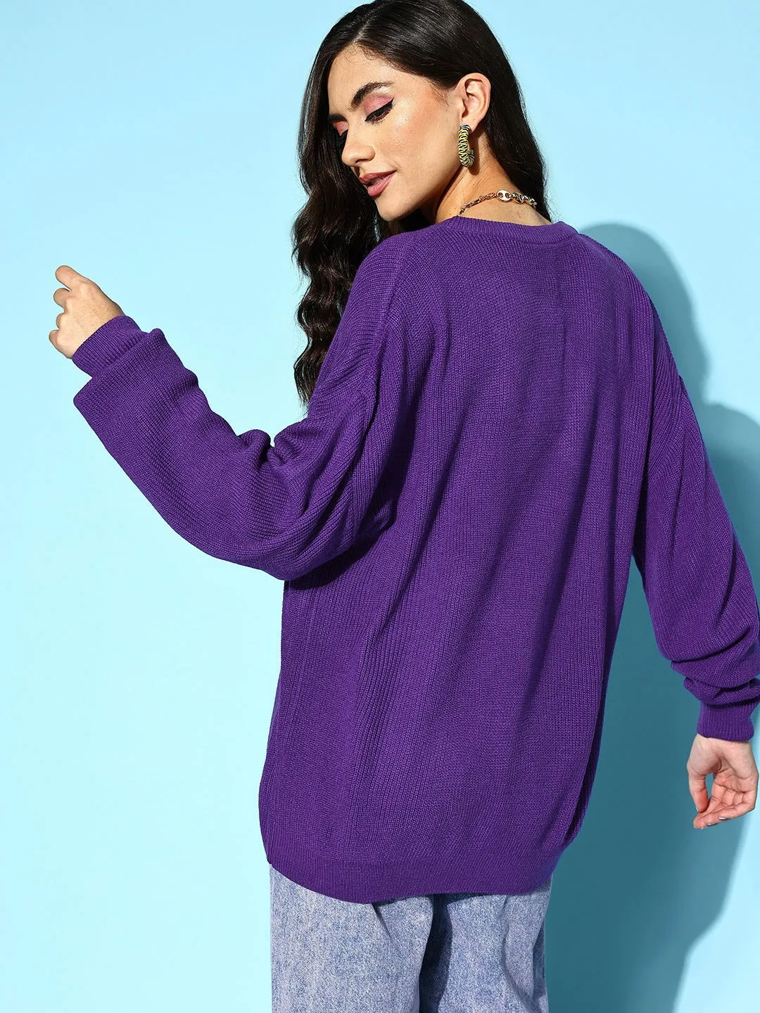 Berrylush Women Solid Purple V-Neck Acrylic Straight Hem Regular Pullover