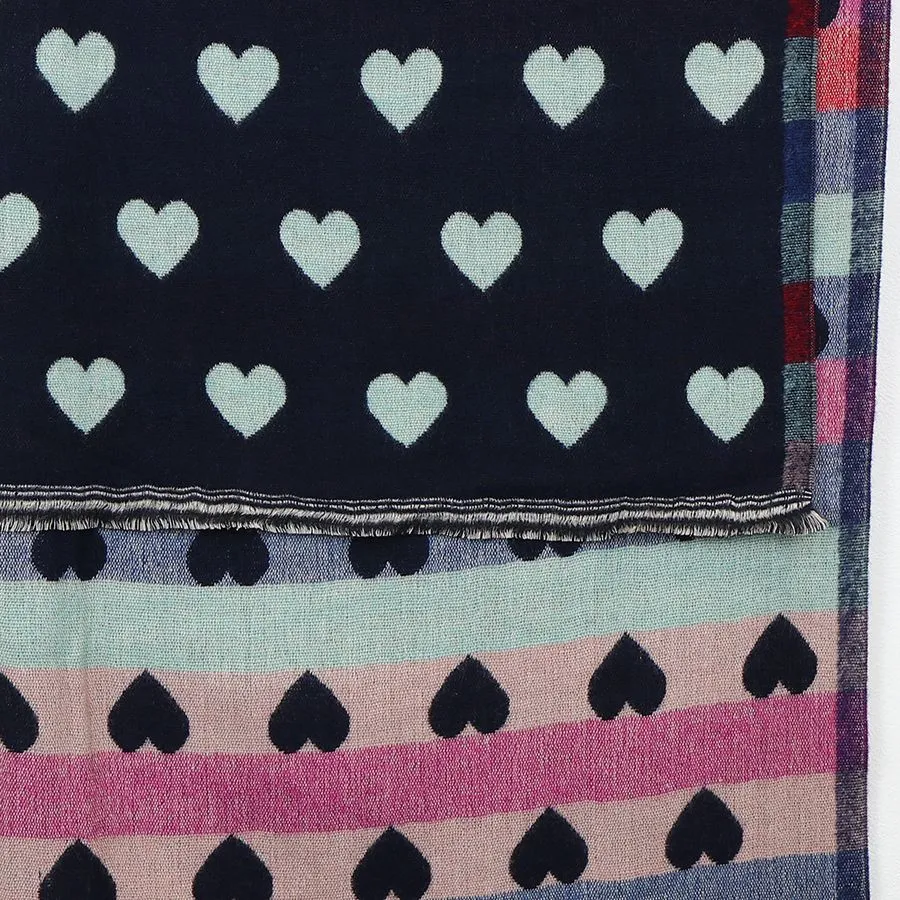 Blue Navy Reversible Multicoloured Pastel Heart & Check Scarf