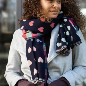 Blue Navy Reversible Multicoloured Pastel Heart & Check Scarf