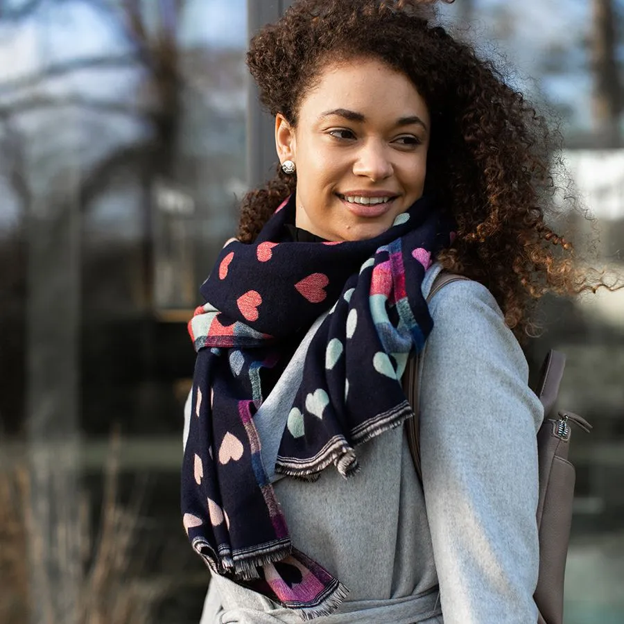 Blue Navy Reversible Multicoloured Pastel Heart & Check Scarf