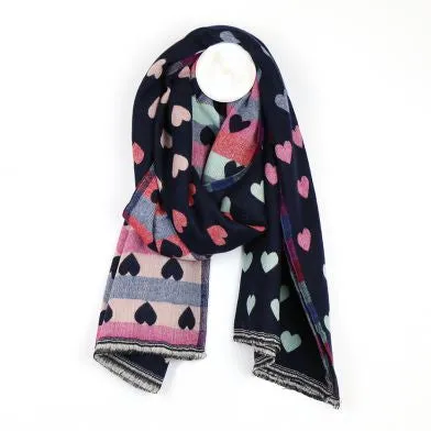 Blue Navy Reversible Multicoloured Pastel Heart & Check Scarf