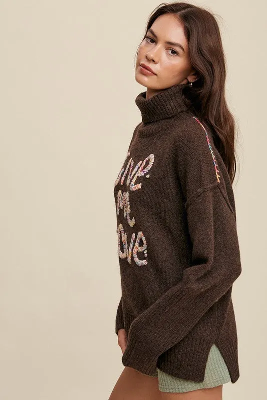 Bohemian Give Me Love Stitched Mock Neck Pullover Sweater