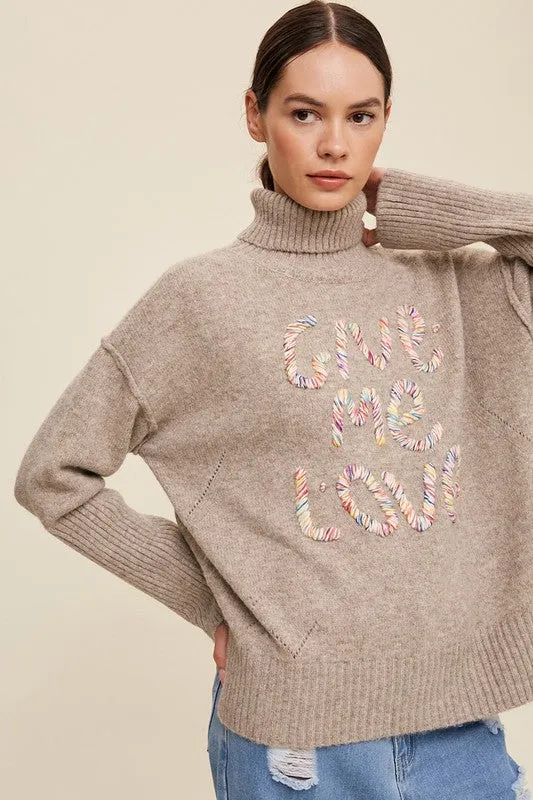 Bohemian Give Me Love Stitched Mock Neck Pullover Sweater