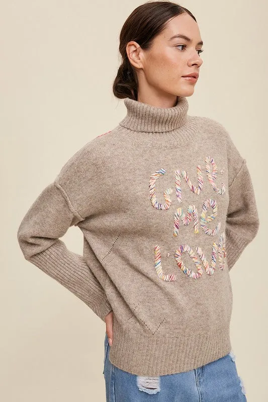 Bohemian Give Me Love Stitched Mock Neck Pullover Sweater