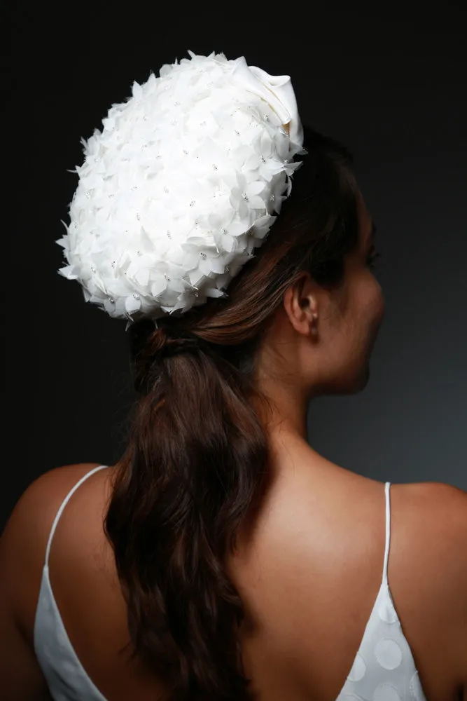 Brigitte: Pillbox Hat with Applique Petals and Bow