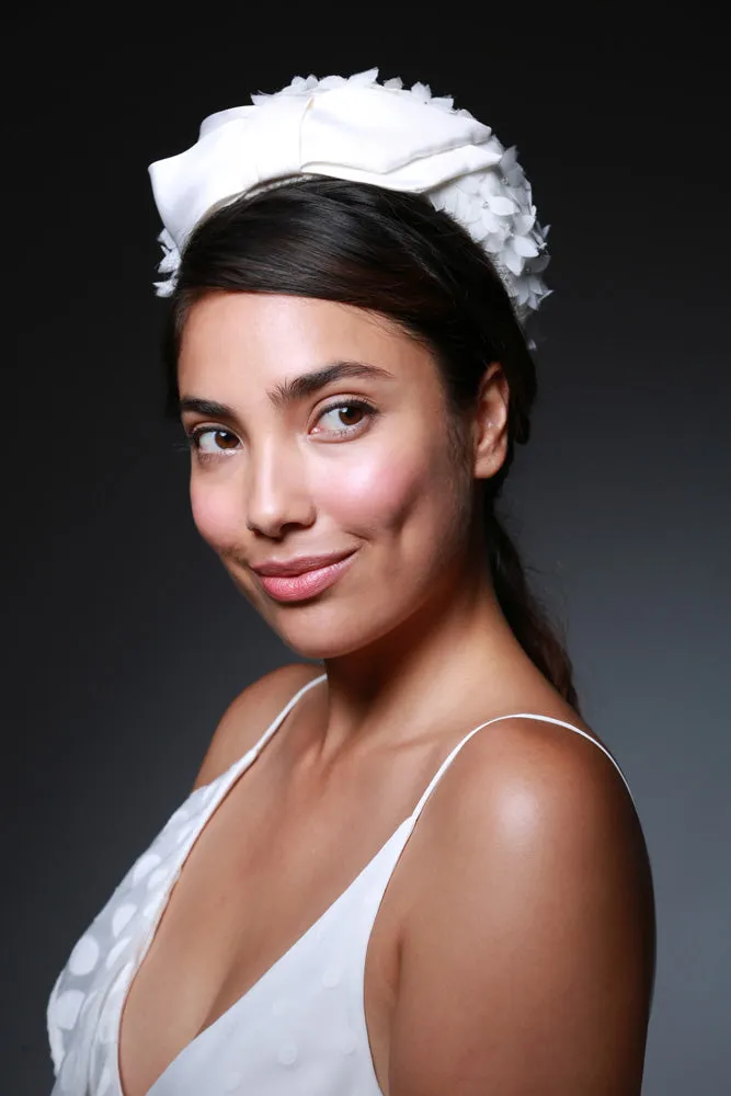 Brigitte: Pillbox Hat with Applique Petals and Bow