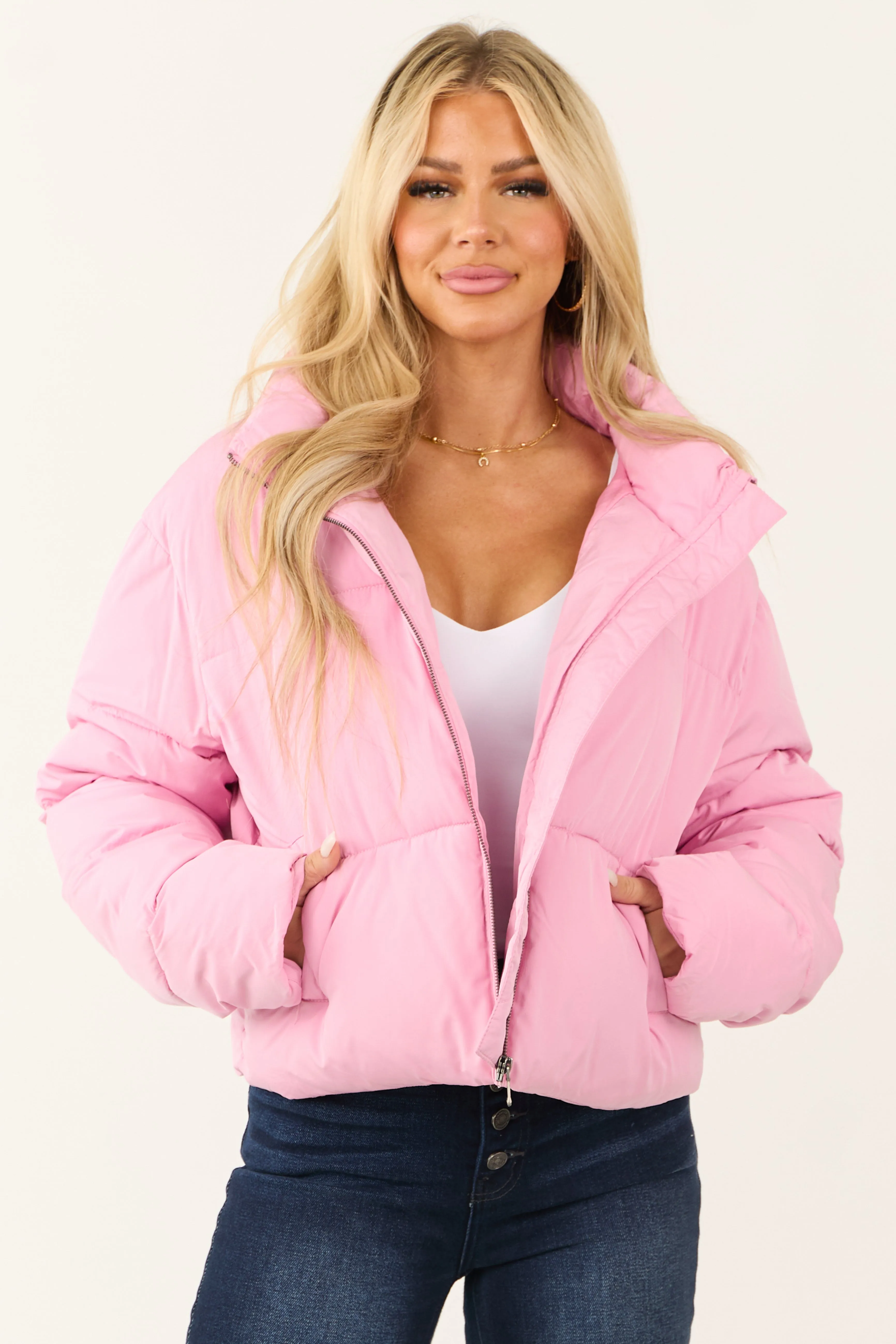 Bubblegum Zip Up Collared Quilted Puffer Jacket