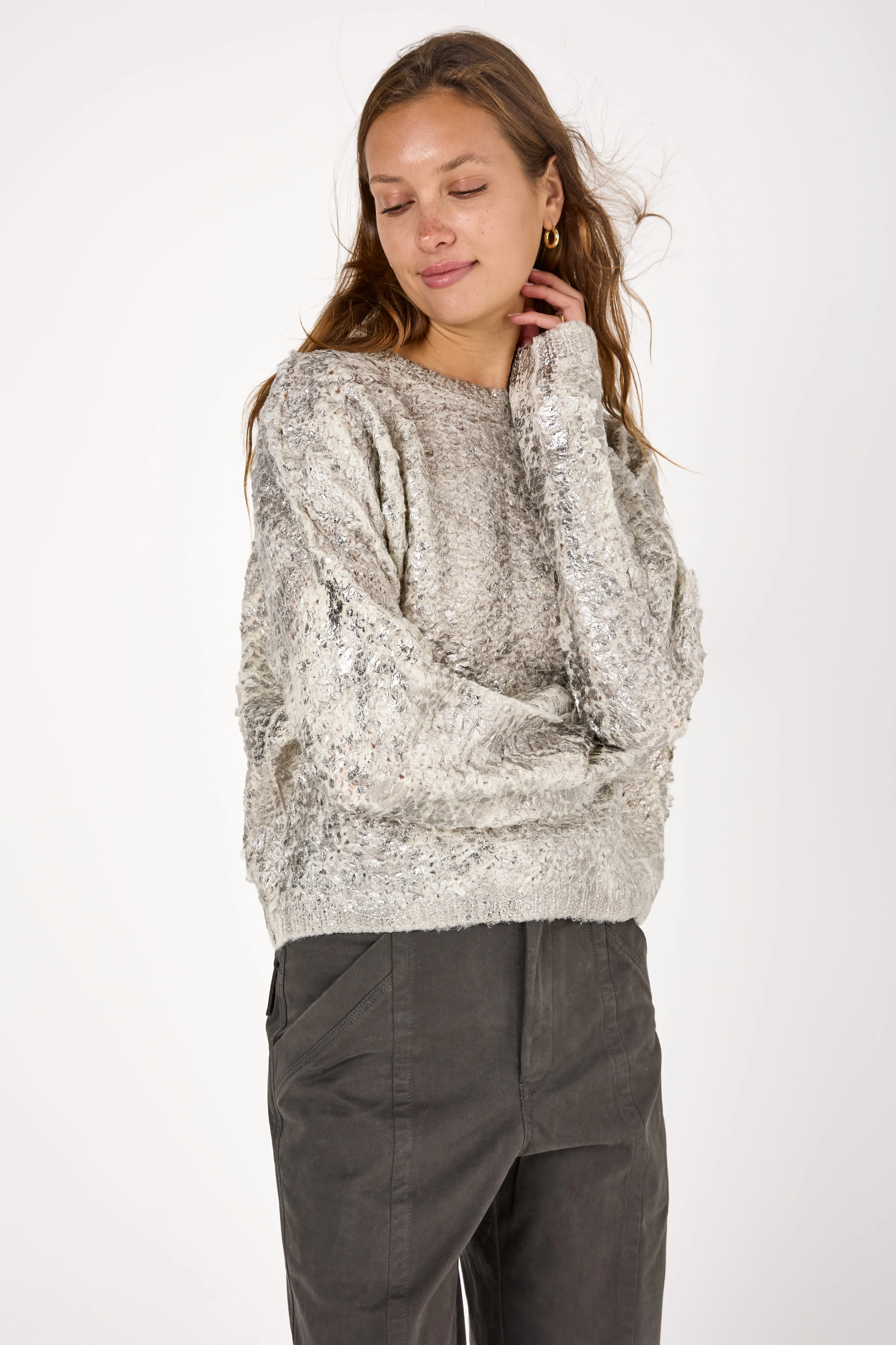 Cashmere Silk Furry Stitch Pullover Sweater with Lamination in Bianco