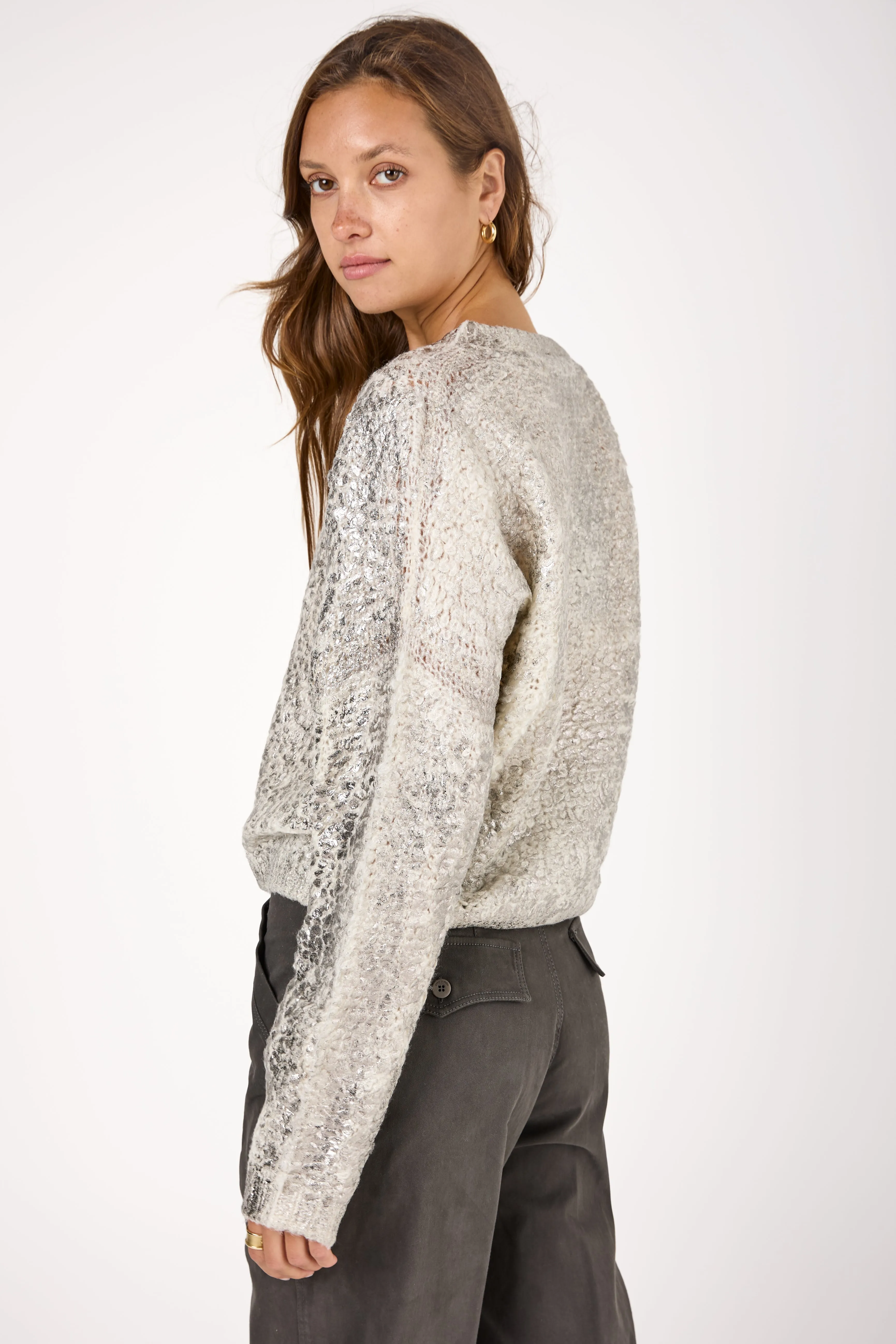 Cashmere Silk Furry Stitch Pullover Sweater with Lamination in Bianco