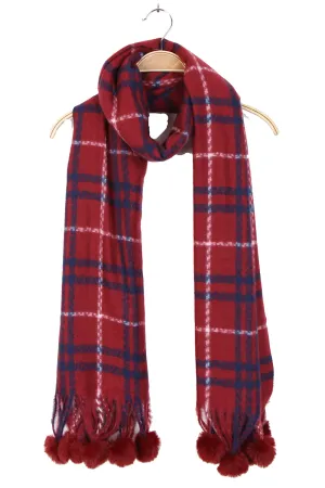 Check Tartan Scarf with Faux Fur Pom Pom