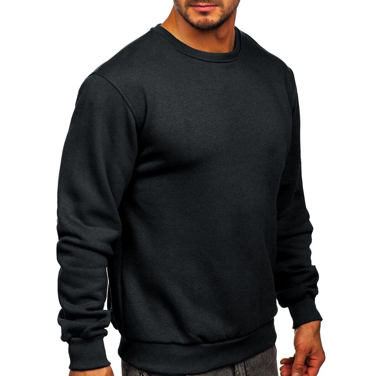 Cloudstyle Men Sweatshirt Solid Color Round Neck Long Sleeve Casual Autumn Winter Top