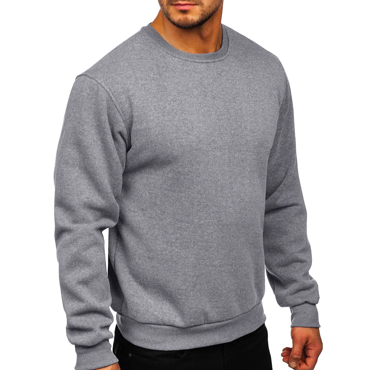 Cloudstyle Men Sweatshirt Solid Color Round Neck Long Sleeve Casual Autumn Winter Top