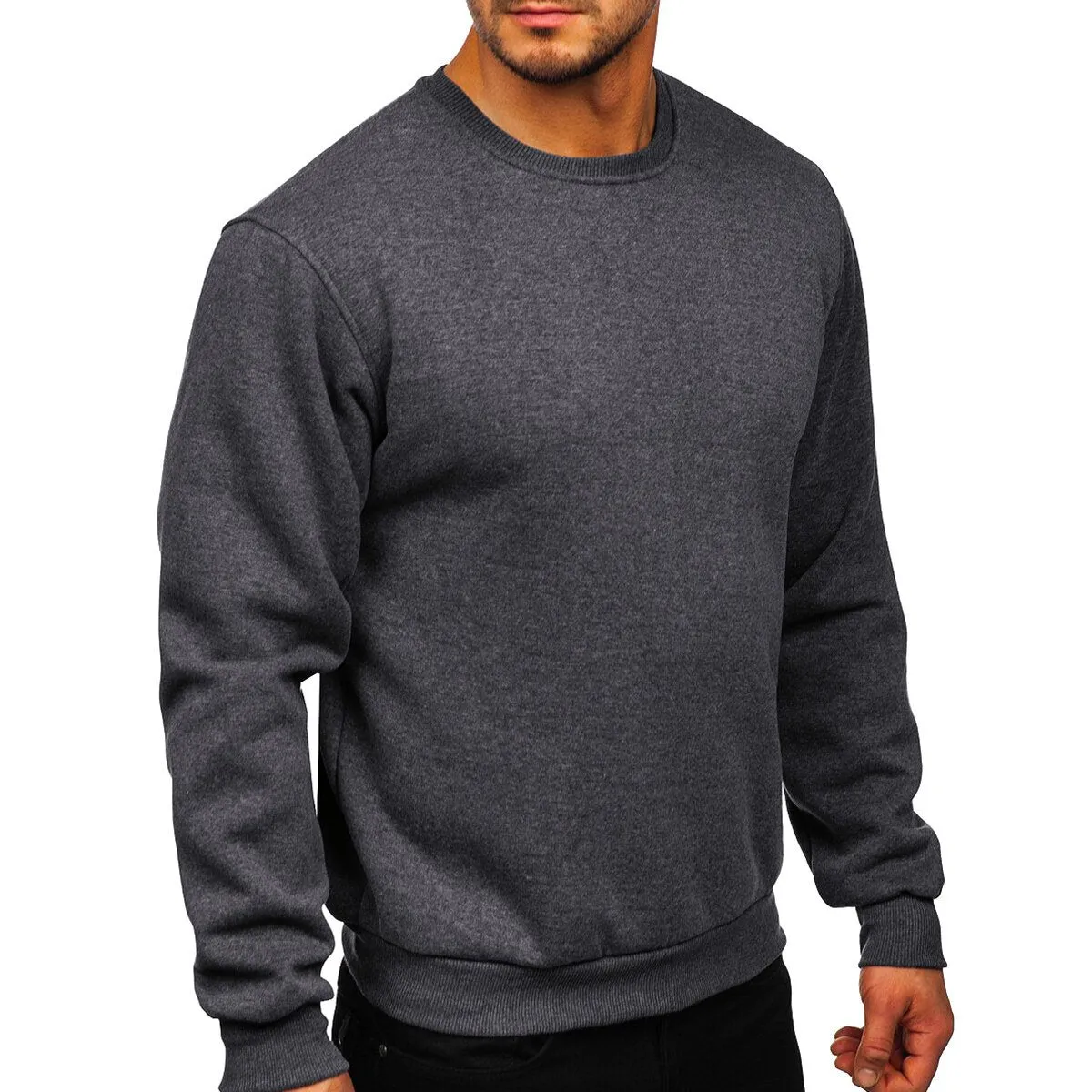 Cloudstyle Men Sweatshirt Solid Color Round Neck Long Sleeve Casual Autumn Winter Top