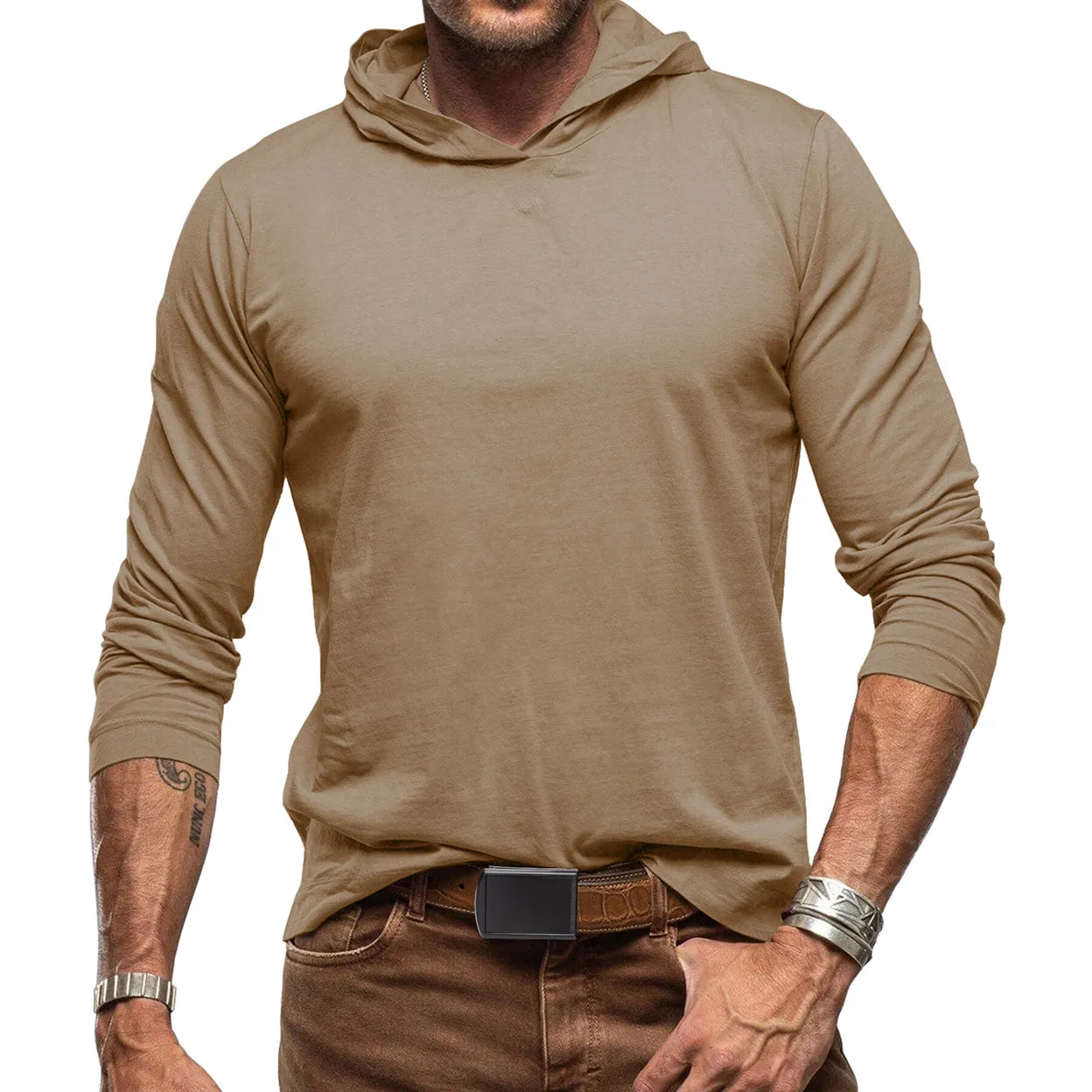 Cloudstyle Mens Hooded T-shirt Long Sleeve Solid Color Casual Autumn Top