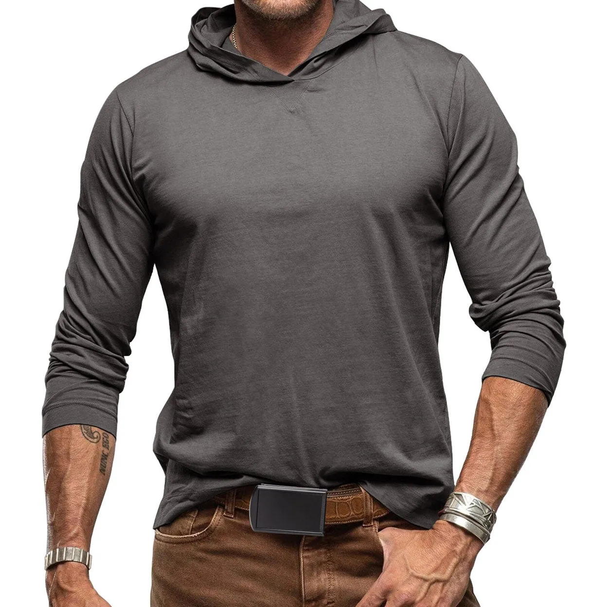 Cloudstyle Mens Hooded T-shirt Long Sleeve Solid Color Casual Autumn Top