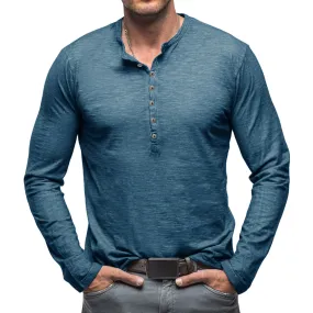 Cloudstyle Mens Long Sleeve T-shirt Round Neck Vintage Style Top Multiple Buttons