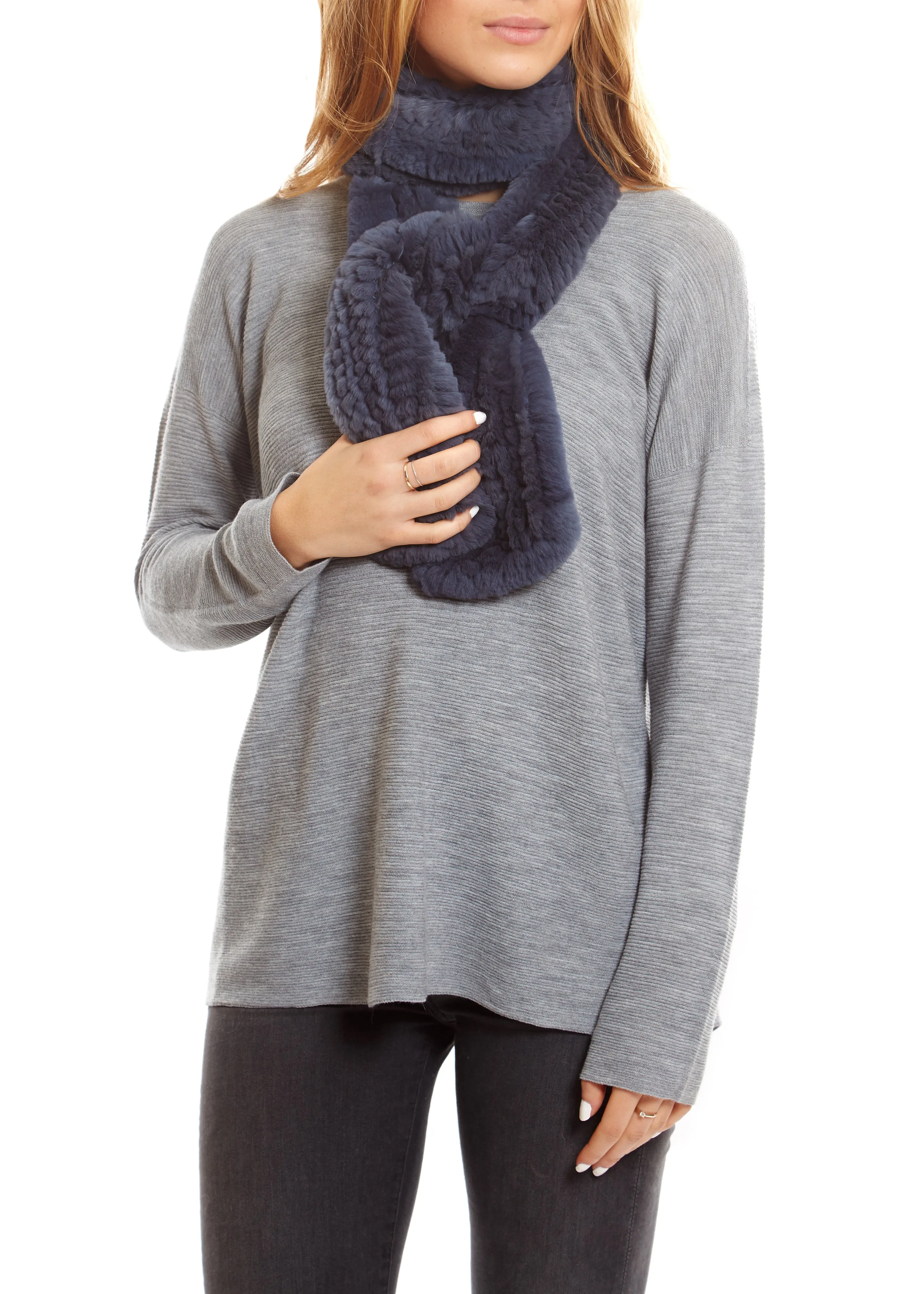 Dark Denim Blue Open Real Rex Rabbit Fur Scarf