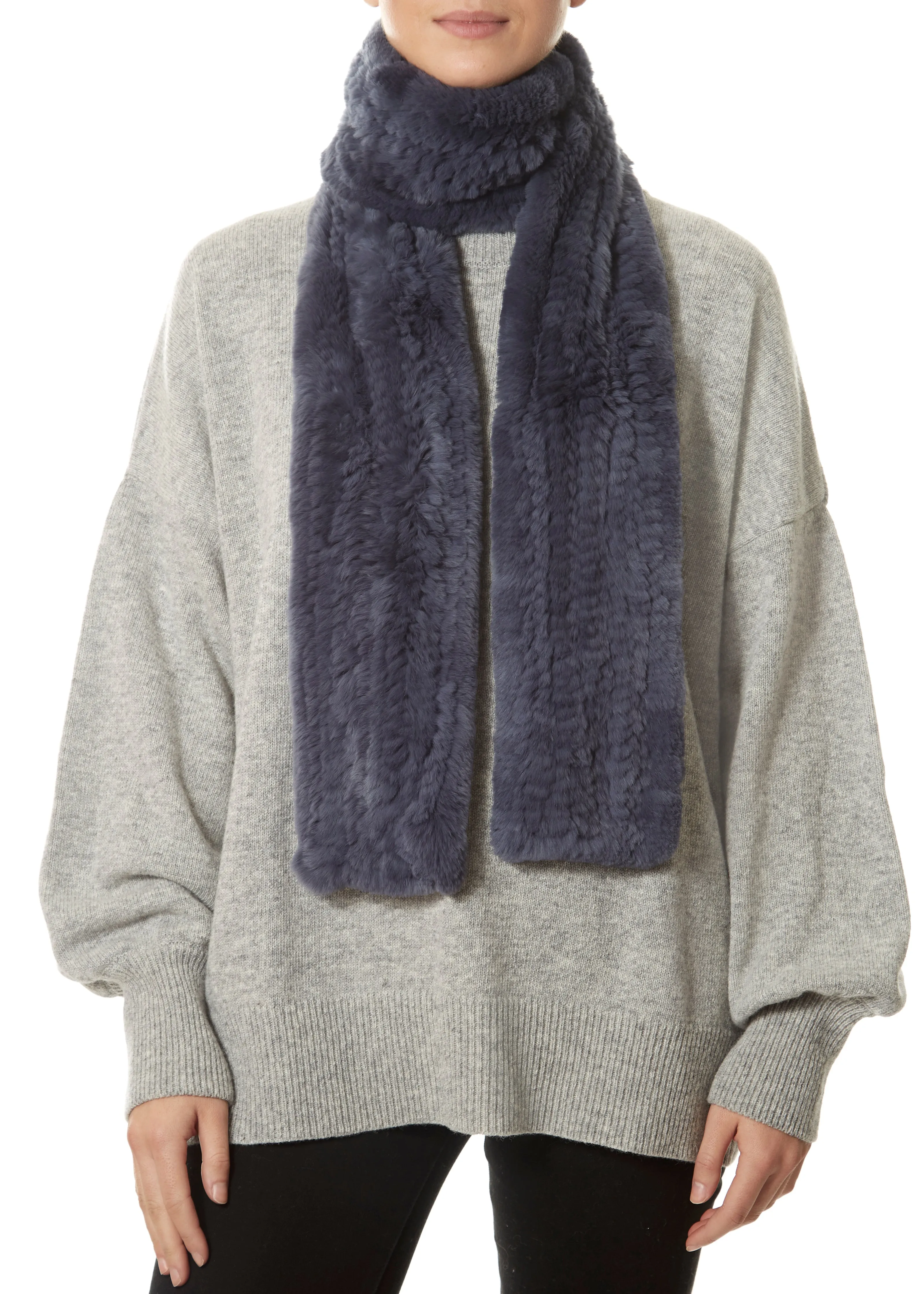 Dark Denim Blue Open Real Rex Rabbit Fur Scarf