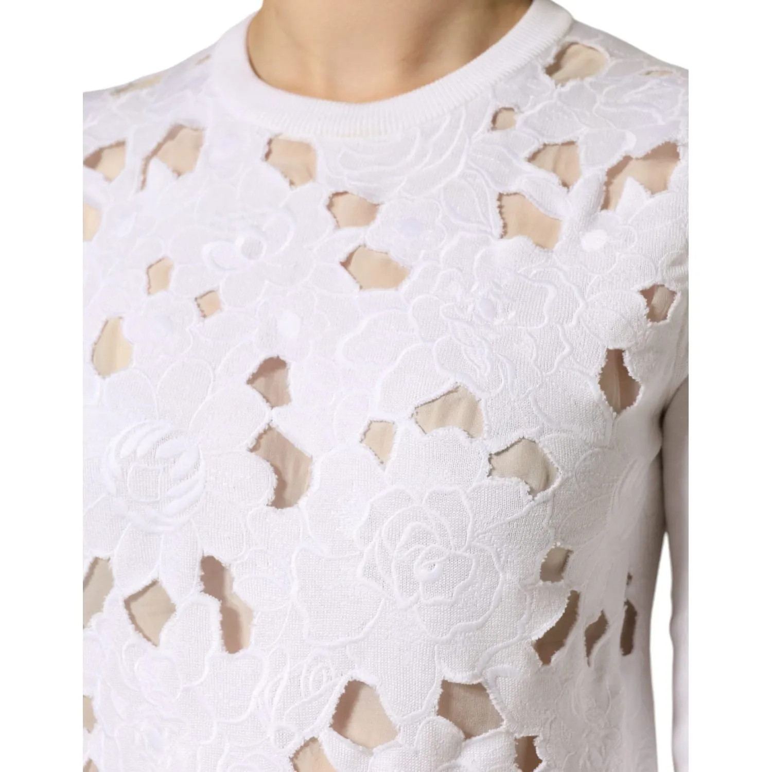 Dolce & Gabbana White Lace Cut Out Long Sleeves Pullover Sweater