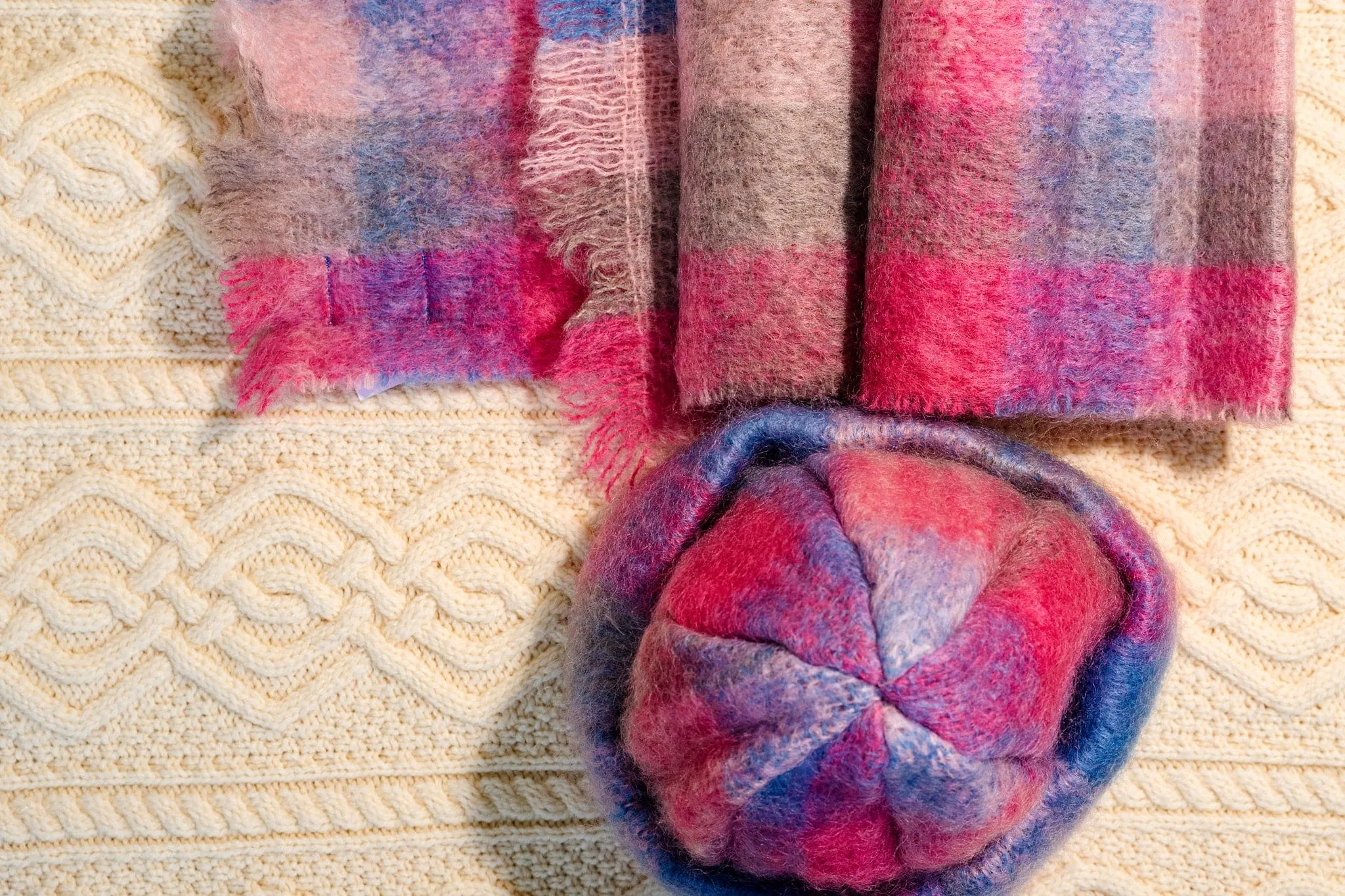 Donegal Design Mohair Hat and Scarf Set - Pink and Blue