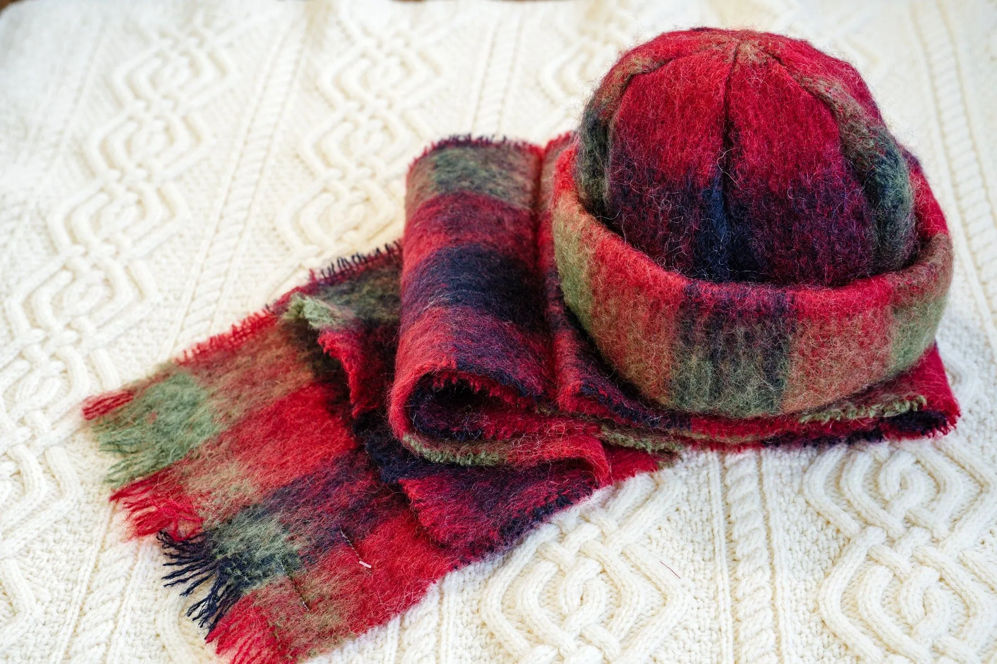 Donegal Design Mohair Hat and Scarf Set - Red, Black, and Green