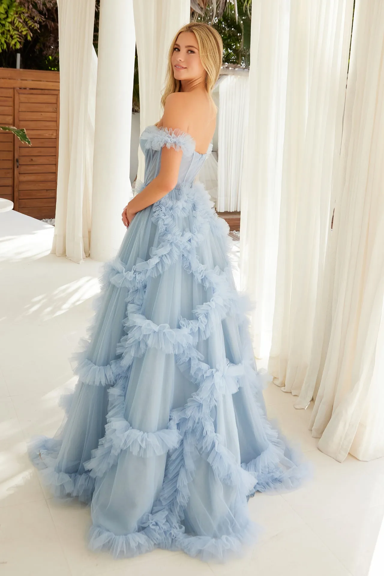 DORIT Off Shoulder Sheer Mesh Ruffle Tulle Ballgown Formal Dress