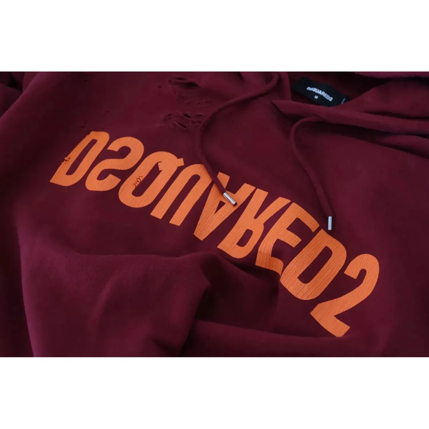 Dsquared² Maroon Cotton Tattered Hooded Printed Pullover Sweater