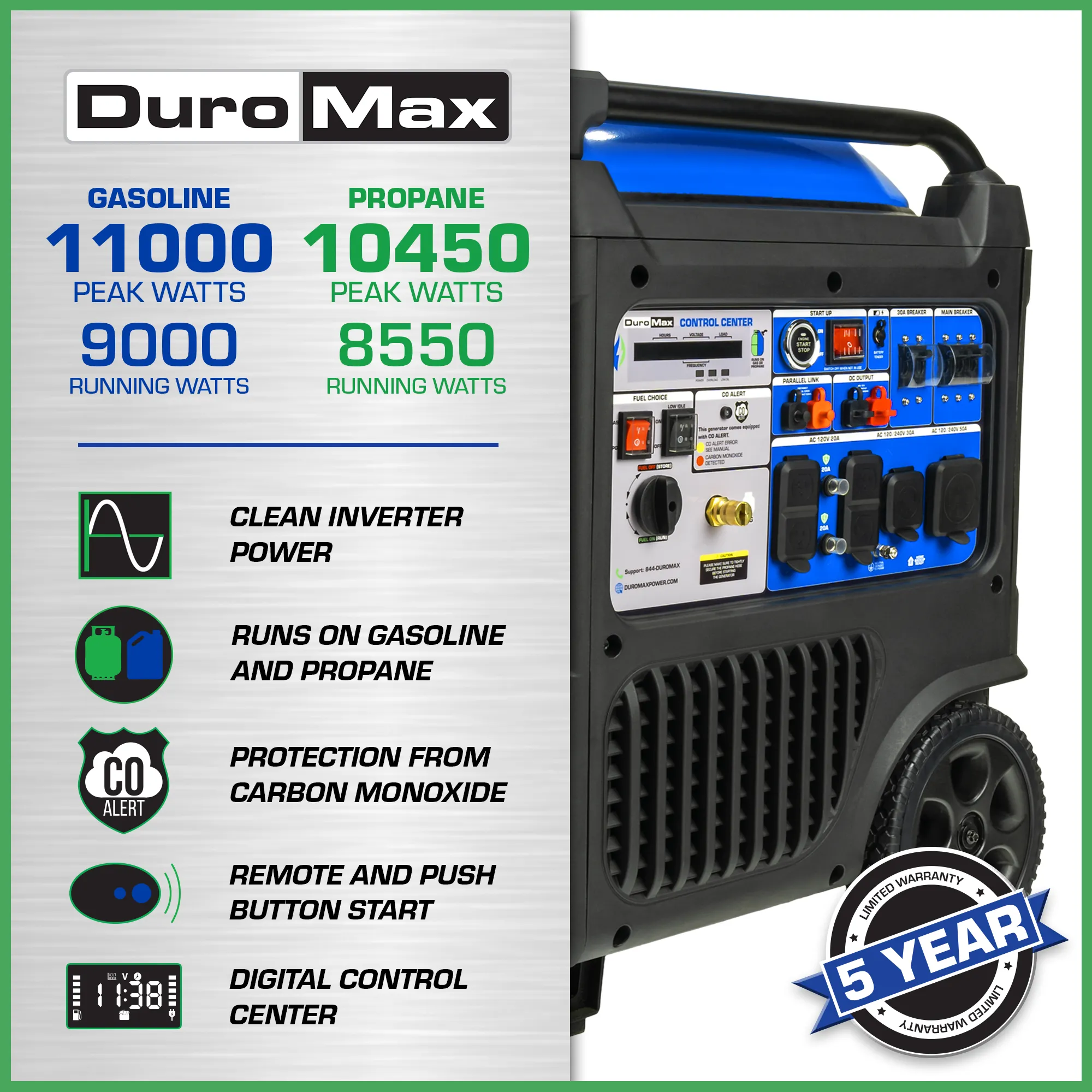 DuroMax XP11000iH 11,000 Watt Portable Dual Fuel Inverter Generator w/ CO Alert