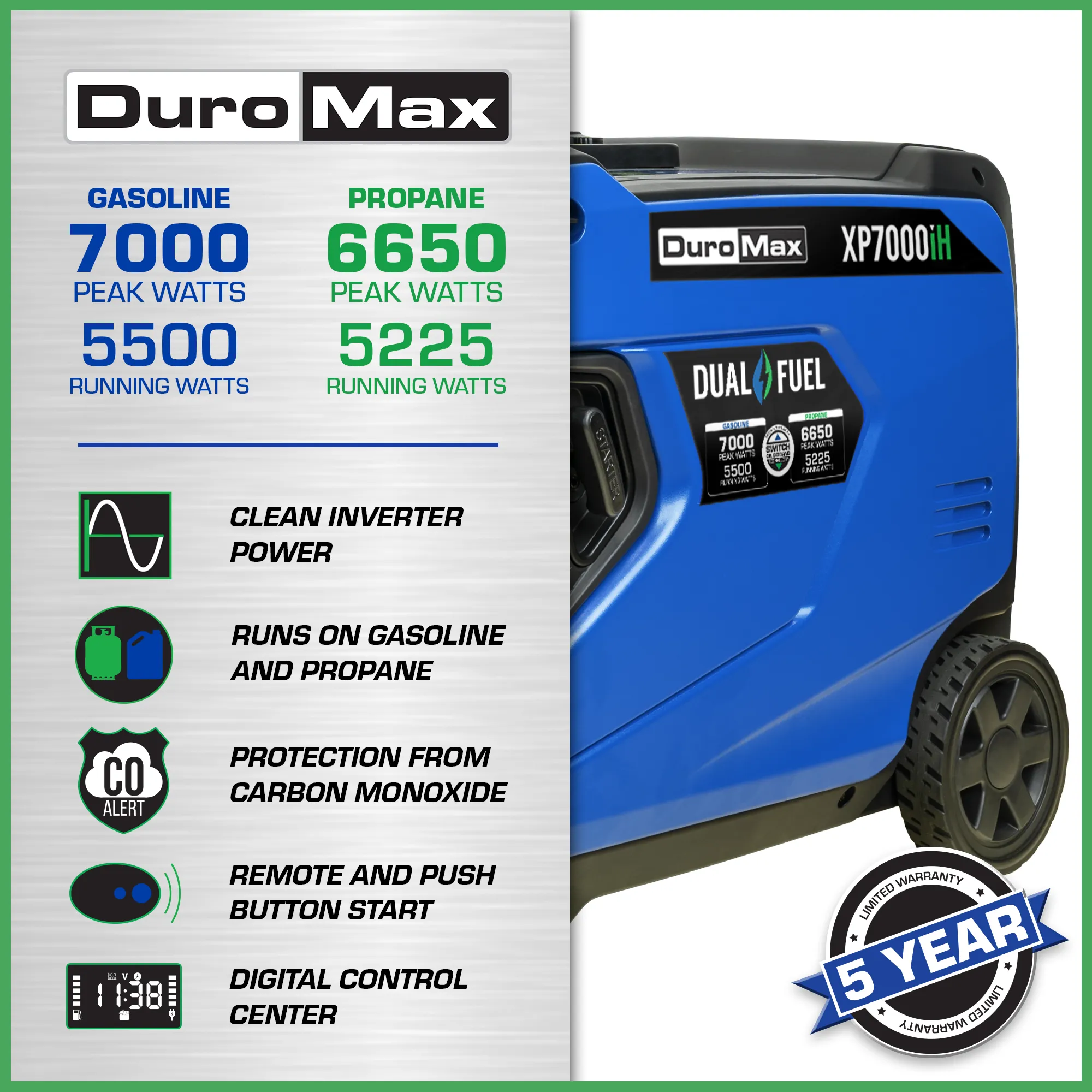 DuroMax XP7000iH 7,000 Watt Portable Dual Fuel Inverter Generator w/ CO Alert