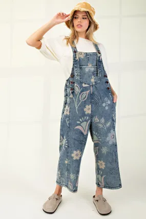 Easel Washed Floral Print Jumpsuit in Vintage Denim